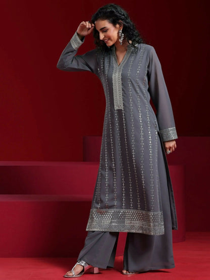 Women's LB Grey Embroidered Georgette Straight Suit With Dupatta