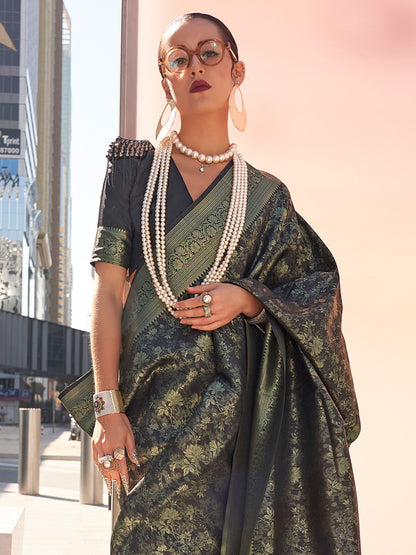Women's Kanjeevaram Silk Black Woven Design Designer Saree With Blouse Piece