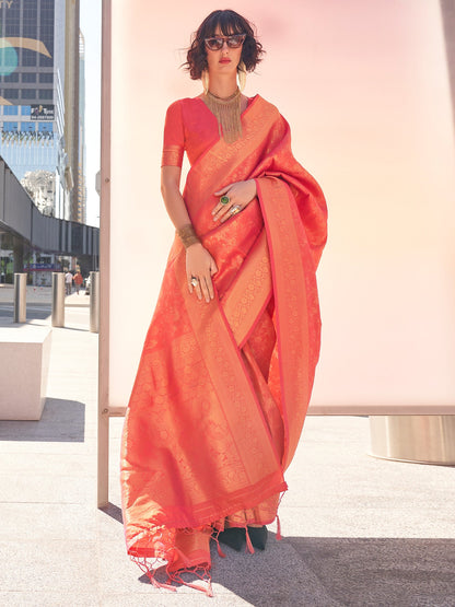 Women's Kanjeevaram Silk Peach Woven Design Designer Saree With Blouse Piece