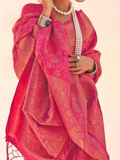 Women's Kanjeevaram Silk Pink Woven Design Designer Saree With Blouse Piece