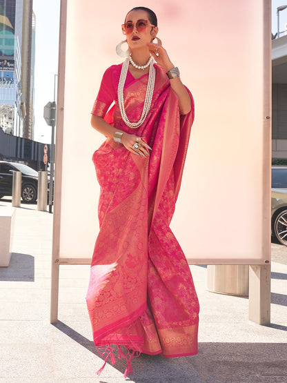 Women's Kanjeevaram Silk Pink Woven Design Designer Saree With Blouse Piece