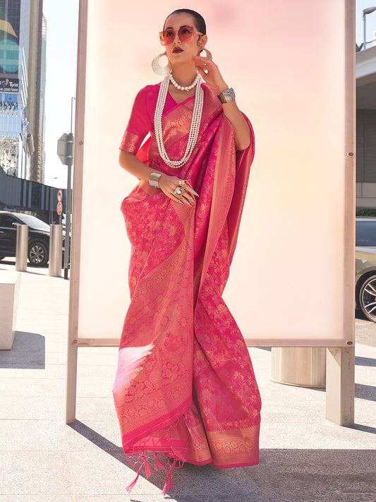 Women's Kanjeevaram Silk Pink Woven Design Designer Saree With Blouse Piece