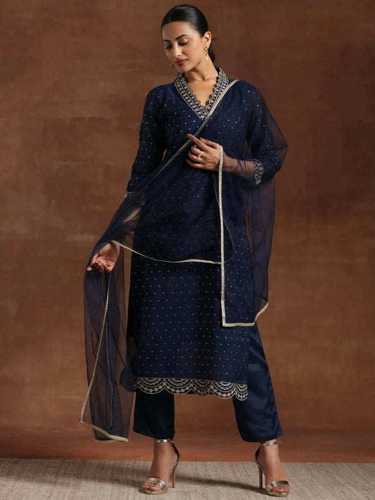 Women's LB Blue Self Design Silk Blend Straight Suit With Dupatta