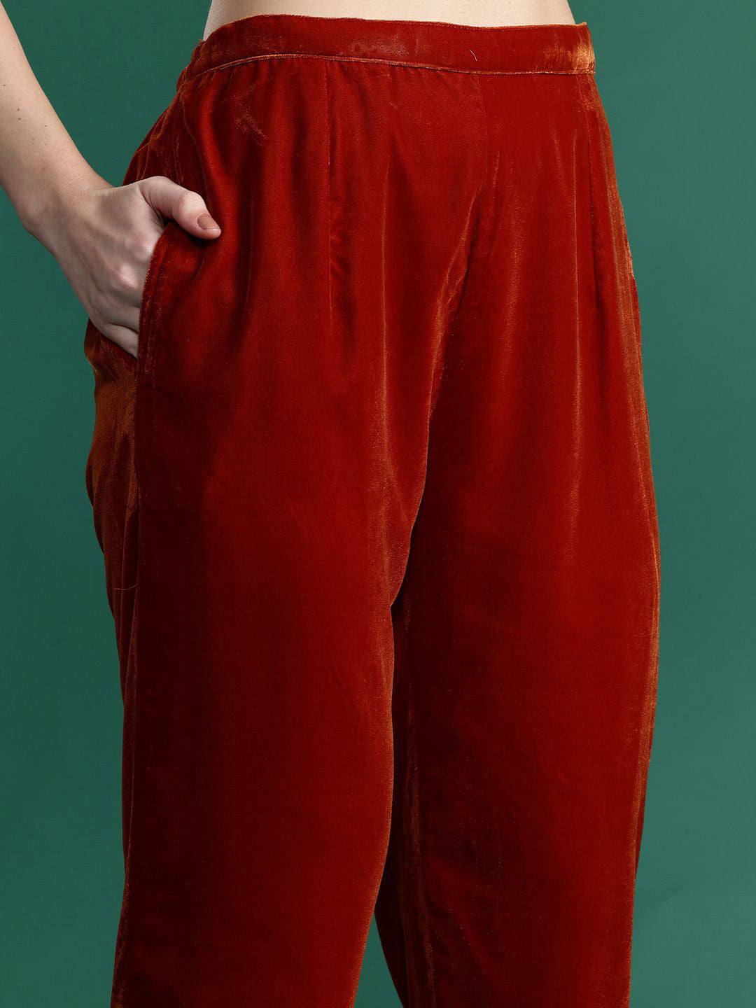 Women Embroidered Velvet Kurta with Trousers & Dupatta