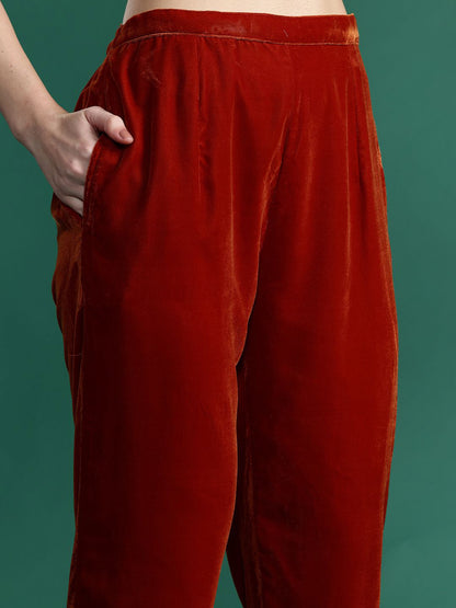 Women Embroidered Velvet Kurta with Trousers & Dupatta