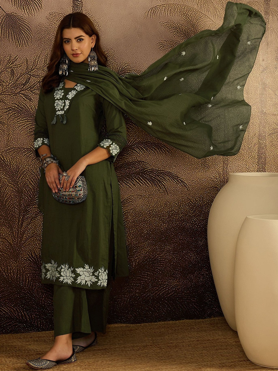 Embroidered Cotton Kurta with Trousers & Dupatta Set