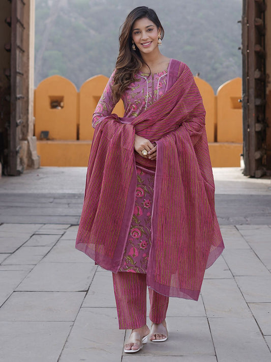 Dhiyona KL Printed Sequinned Notch Neck Pure Cotton Straight Kurta with Trousers & Dupatta