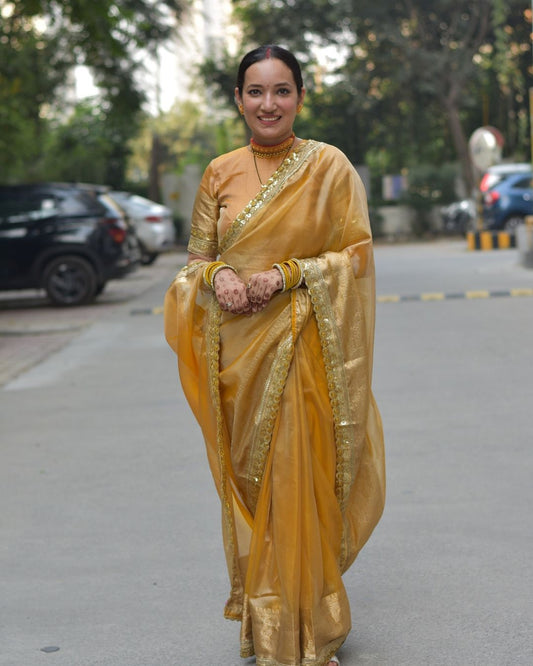Dhiyona HH Macaroon Gold Designer Tissue Silk Saree with Hand Zardozi Work