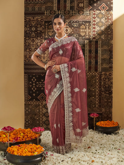 Dhiyona KS Women's Embellished Beads and Stones Supernet Designer Saree