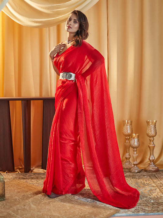Dhiyona KS Women's women red solid silk saree