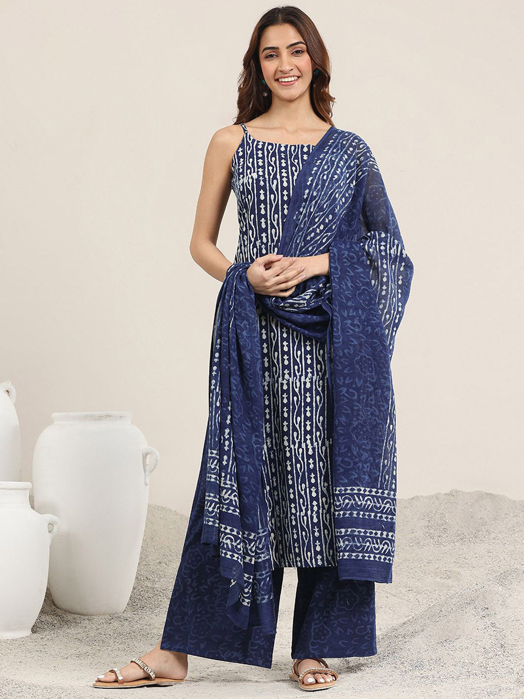Floral Printed Shoulder Straps Straight Kurta With Palazzos And Dupatta