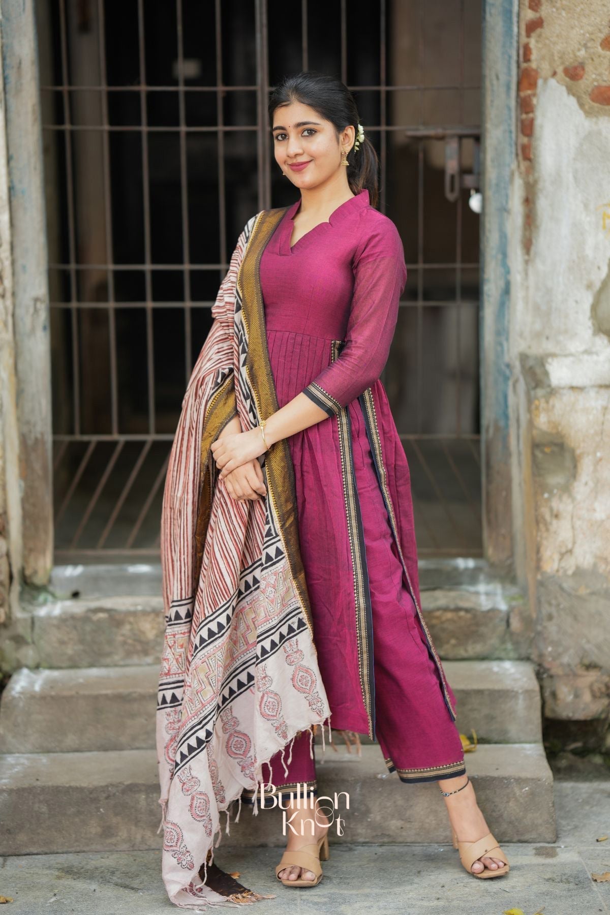 Dhiyona BN Kasturi Handloom Maroon  Three-Quarter sleeves Kurta Set