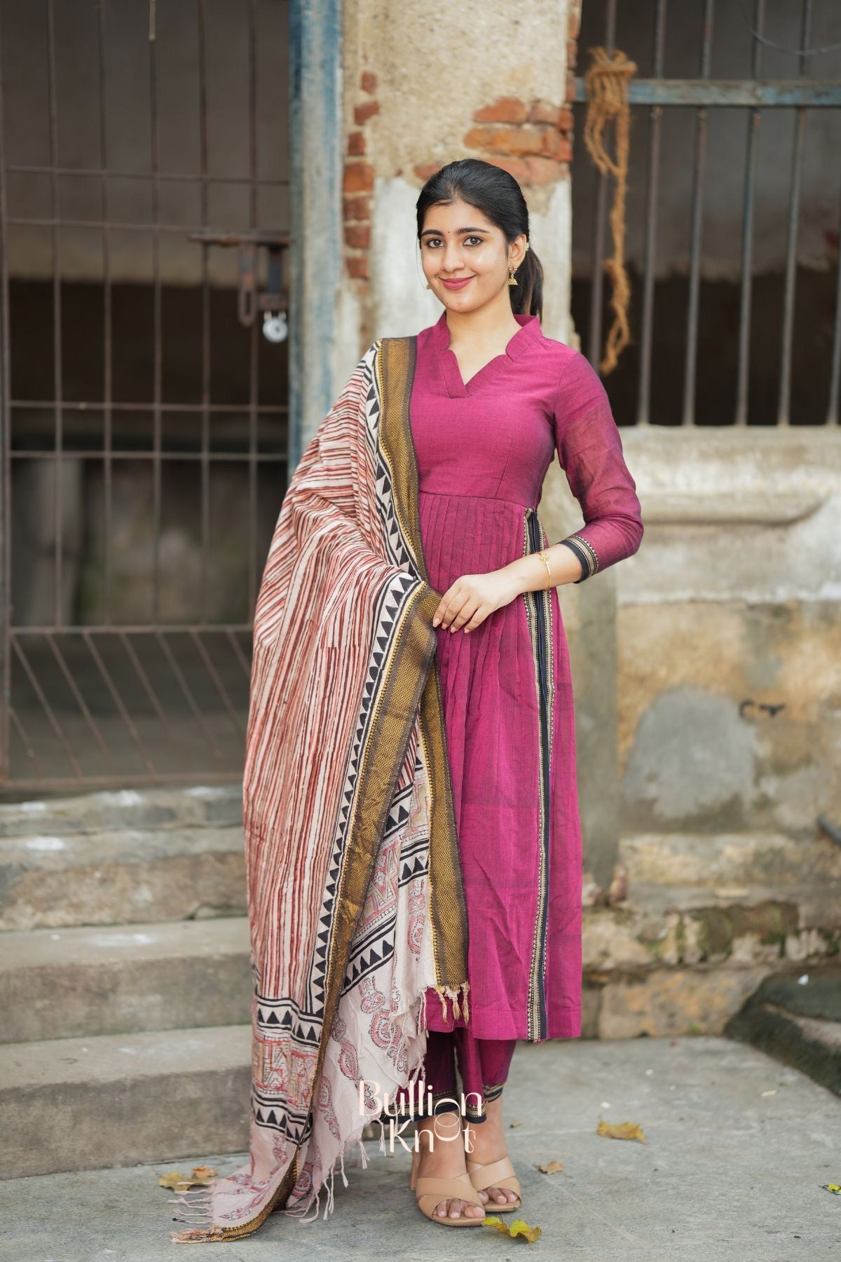 Dhiyona BN Kasturi Handloom Maroon  Three-Quarter sleeves Kurta Set