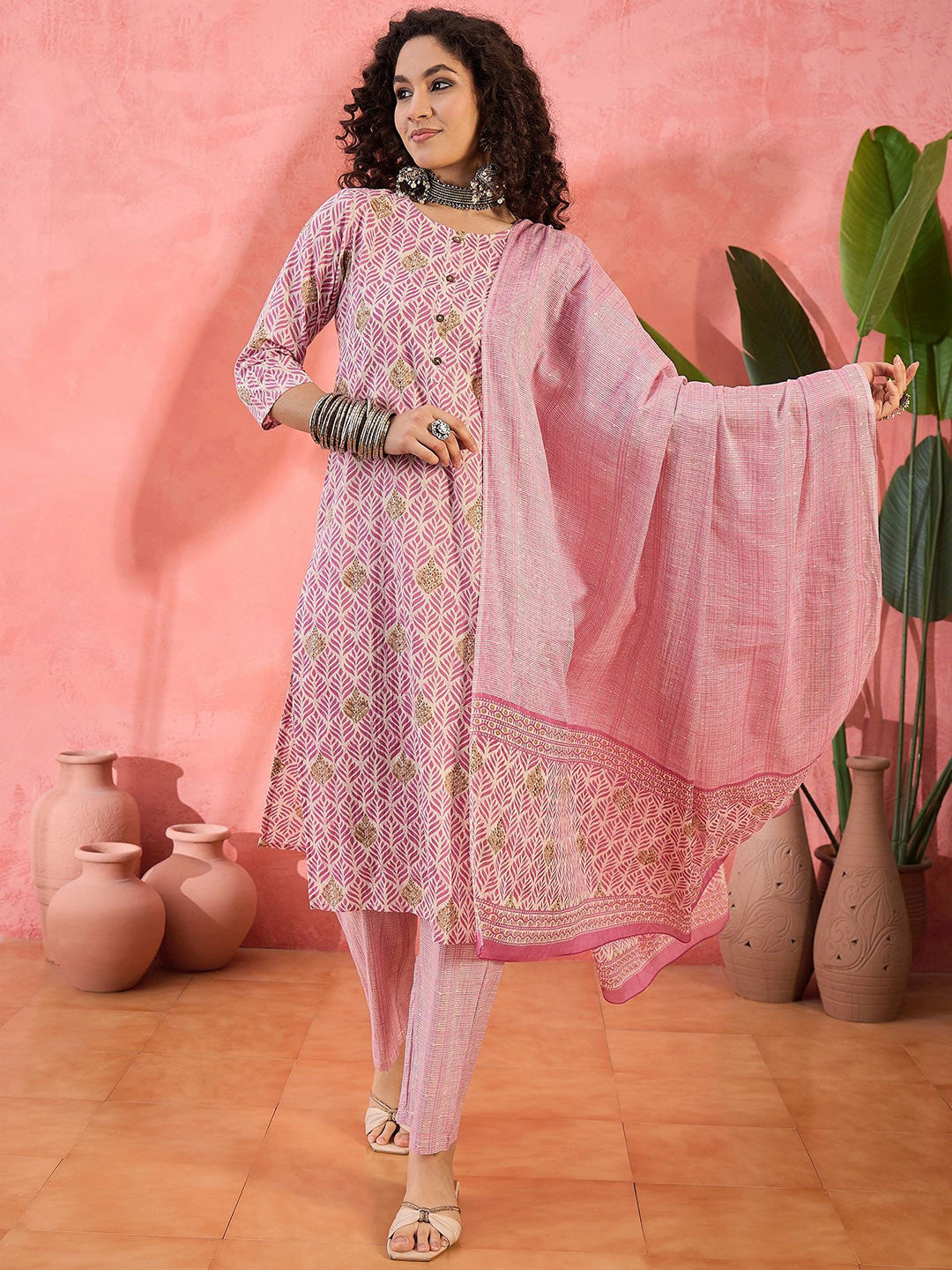 Dhiyona SN Floral Printed Round Neck Pure Cotton Straight Kurta With Trousers & Dupatta