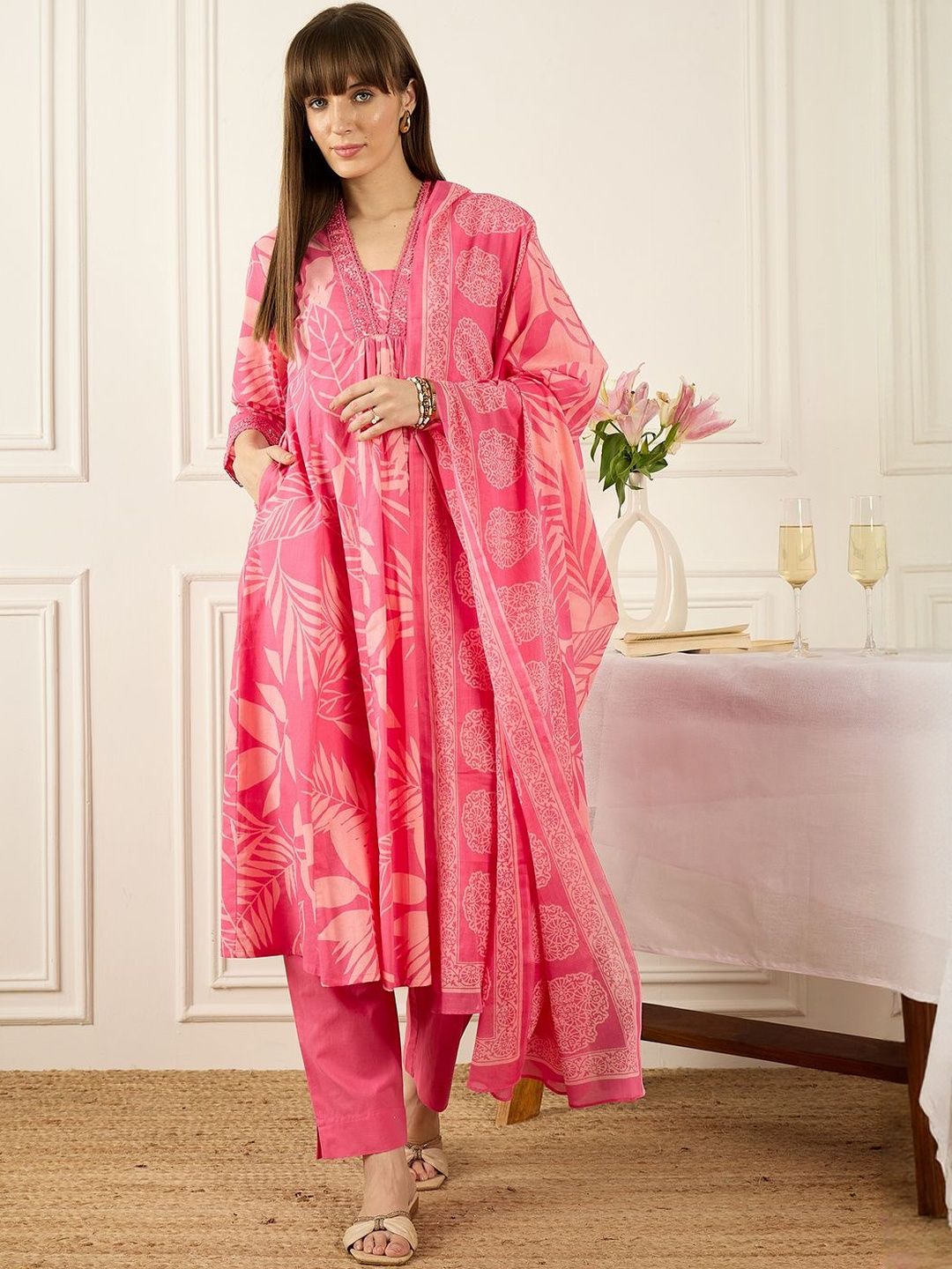 Dhiyona IE Floral Printed Thread Work Pure Cotton Kurta With Palazzos & Dupatta