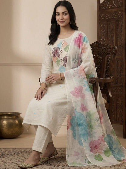 Embroidered Pure Cotton Round Neck Kurta & Trousers With Dupatta