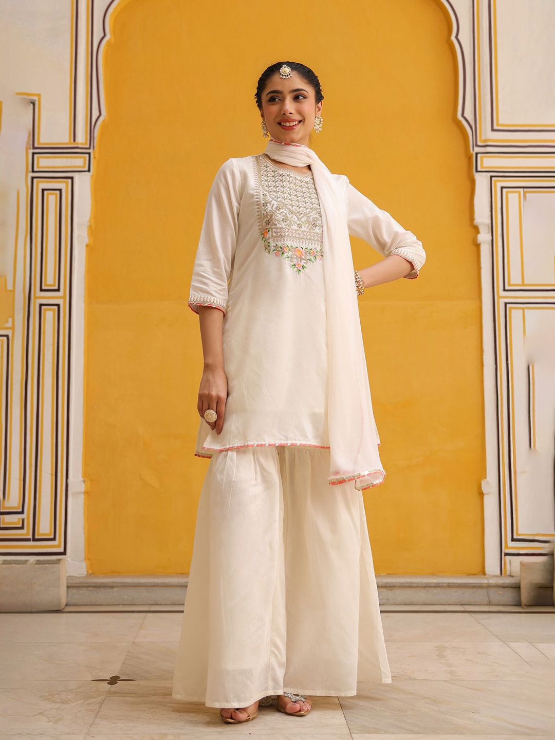 Dhiyona SC Women Ivory Chanderi Silk Zari Embroidered Sharara Set