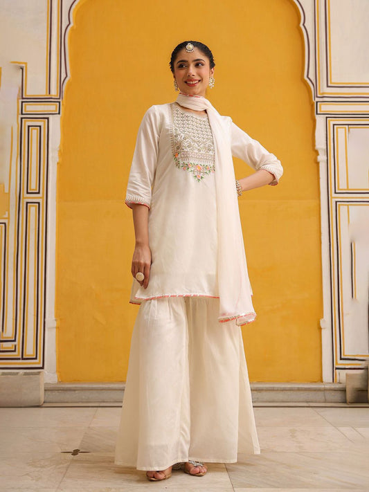 Dhiyona SC Women Ivory Chanderi Silk Zari Embroidered Sharara Set