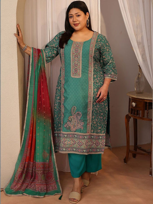 Dhiyona Women's Plus Size Ethnic Motifs Printed Kurta with Trousers & Dupatta