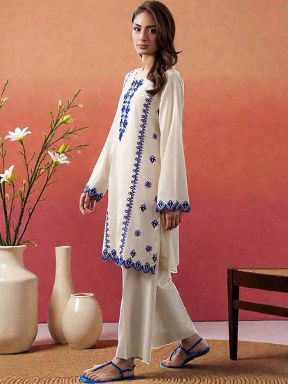 Women Ethnic Motifs Embroidered Regular Thread Work Chanderi Silk Kurta with Trousers