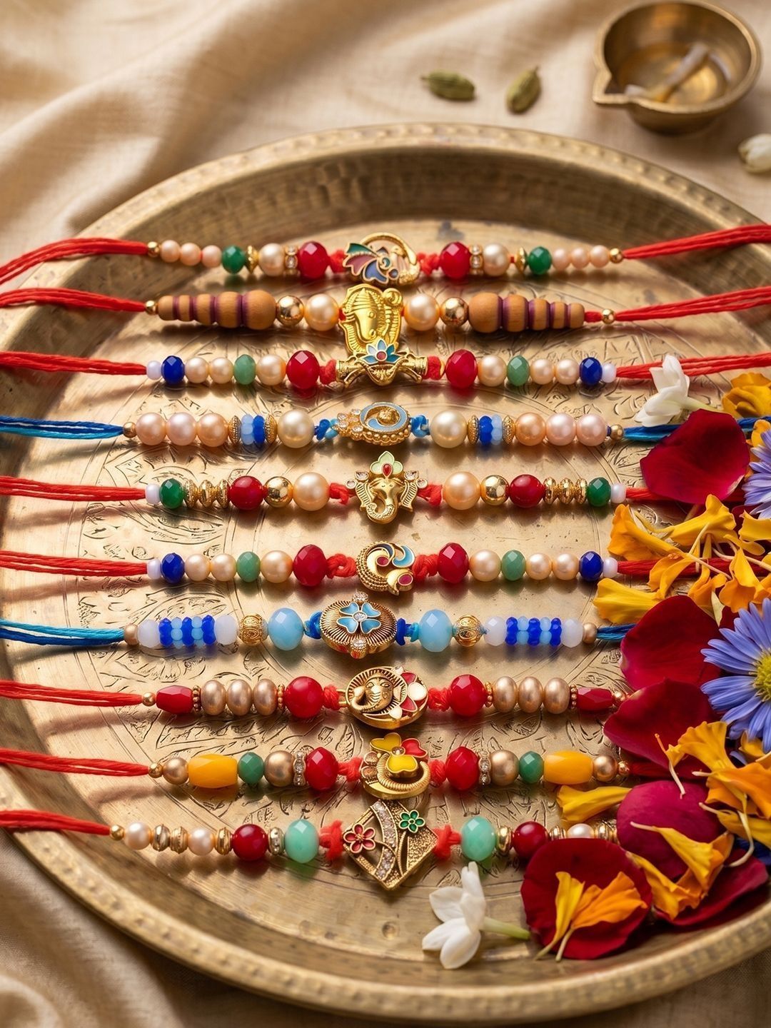 Dhiyona Set Of 10 Artificial Stones & Beads Thread Rakhi With Roli Chawal Chandan Mishri
