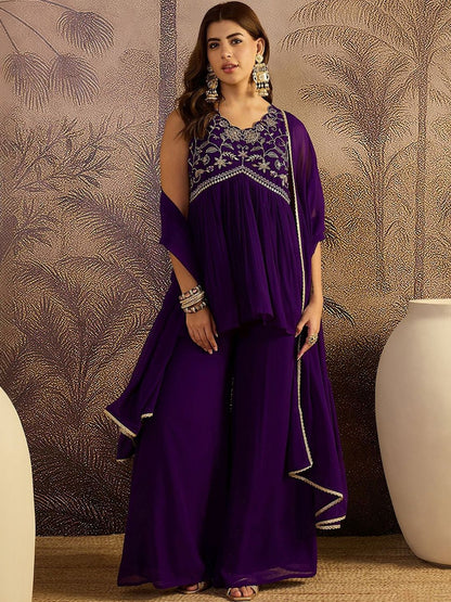 Dhiyona SN Embroidered V-Neck A-Line Kurti & Palazzos With Dupatta
