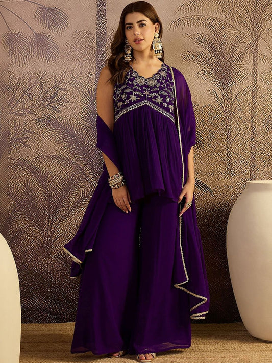 Dhiyona SN Embroidered V-Neck A-Line Kurti & Palazzos With Dupatta