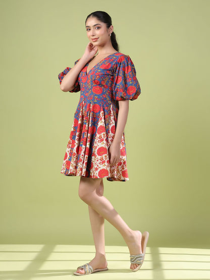 Dhiyona AY Women's Floral Print Puff Sleeve Fit & Flare Dress