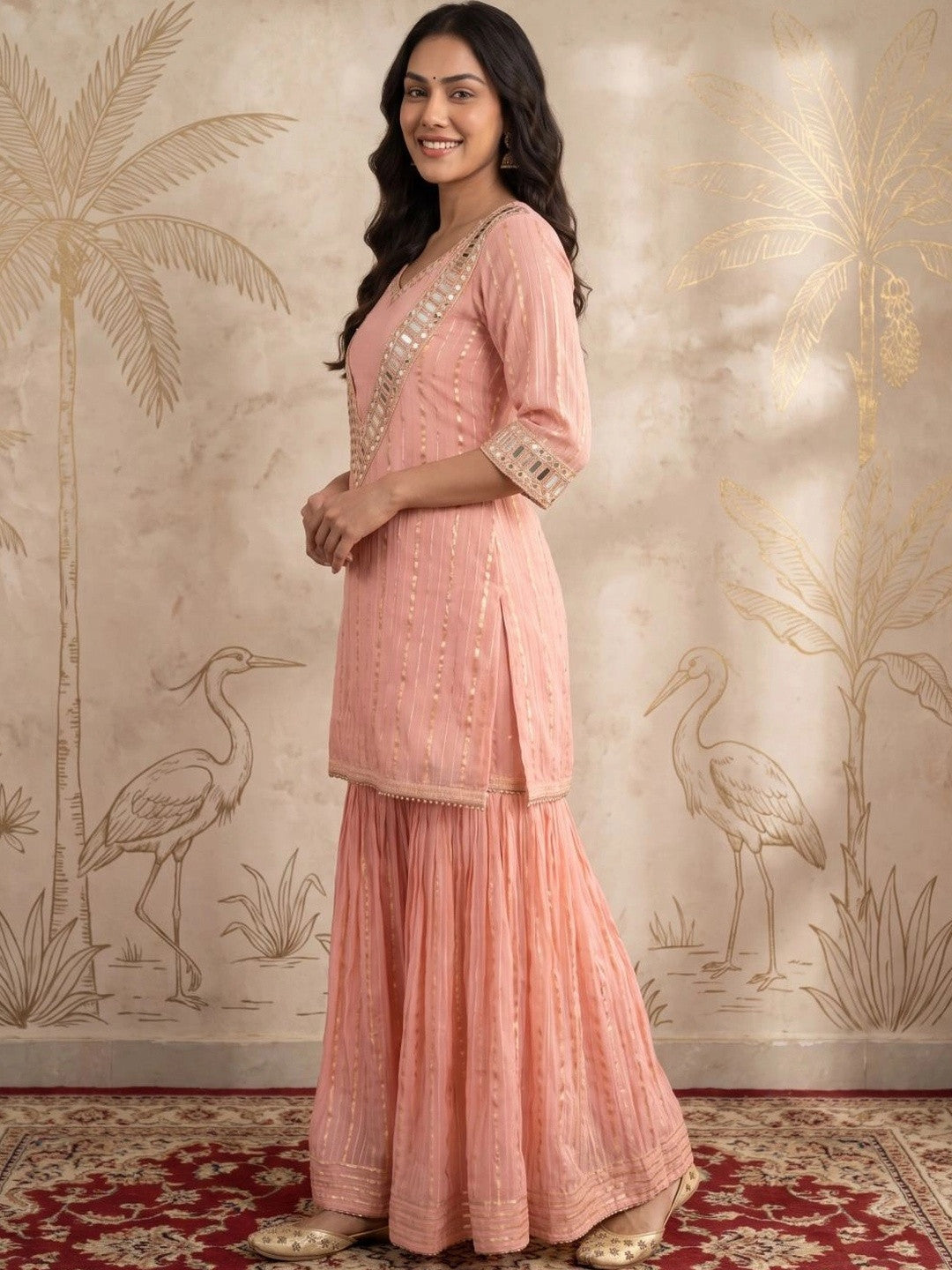 Women Regular Mirror Work Kurta with Sharara