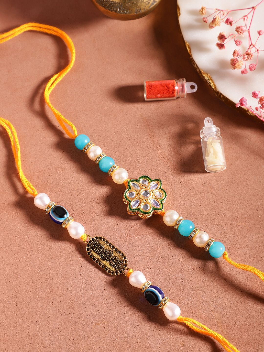 Dhiyona Unisex Set of 2 Beaded Bhai Bhabhi Rakhis With Roli & Chawal