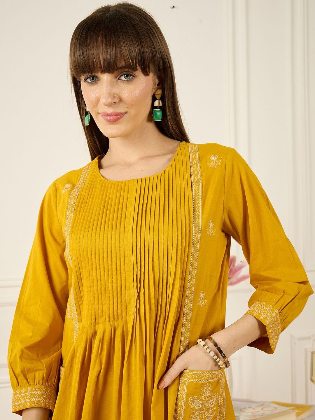 Dhiyona IE Flral Embroidered Pleated Thread Work Pure Cotton A-Line Kurta With Trousers