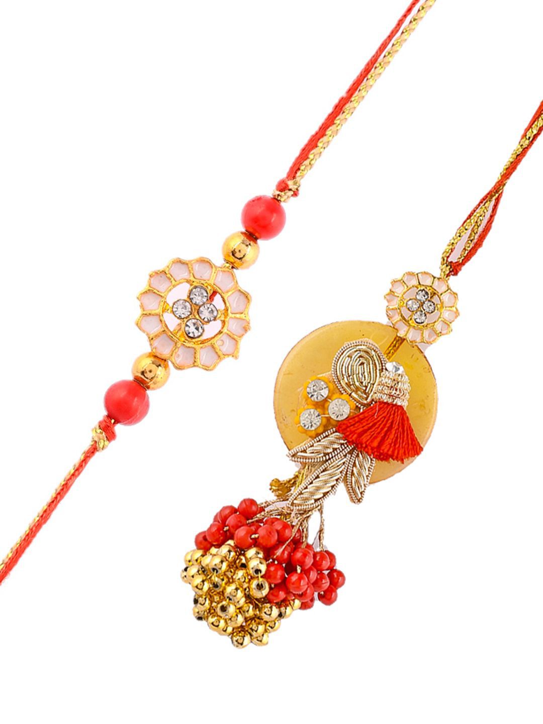 Dhiyona Orange Beaded Bhaiya Bhabhi Rakhi With Roli Chawal & Greeting Card