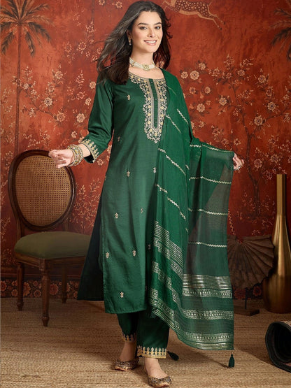 Women Ethnic Motifs Embroidered Regular Thread Work Kurta with Trousers & With Dupatta