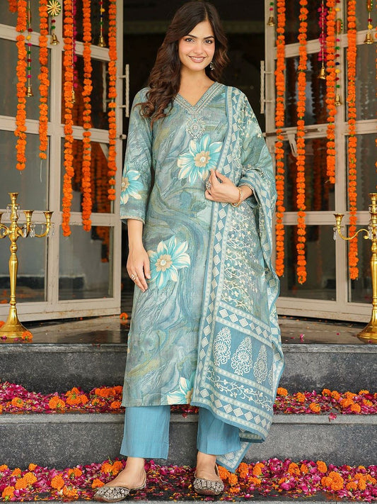 Dhiyona KL Floral Printed Straight Thread Work Kurta With Trouser & Dupatta