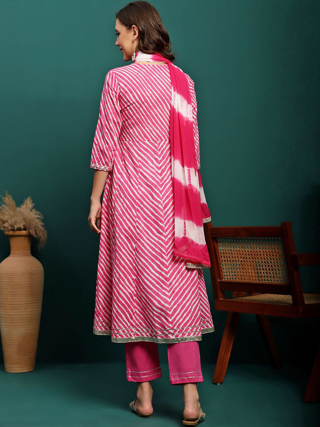 Fuchsia Floral Embroidered V-Neck Angrakha Anarkali Kurta With Trouser & Dupatta