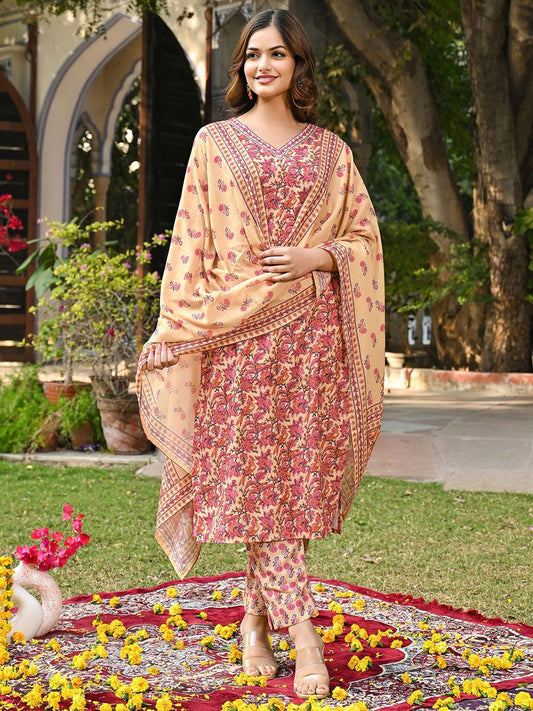 Dhiyona KL Women Floral Printed Regular Kurta with Trousers & With Dupatta