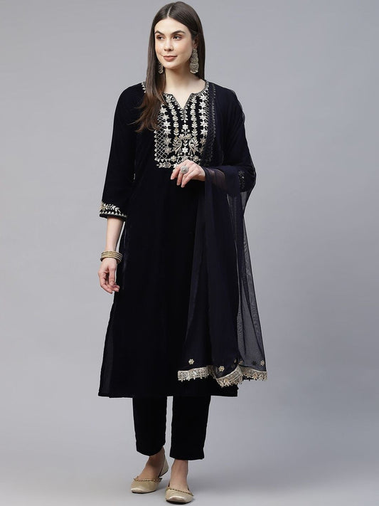 Dhiyona KL Women Ethnic Motifs Embroidered Regular Velvet Kurta with Trousers & Dupatta