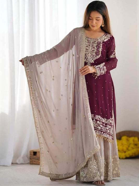 Dhiyona KL Women Ethnic Motifs Embroidered Regular Kurta with Palazzos & With Dupatta