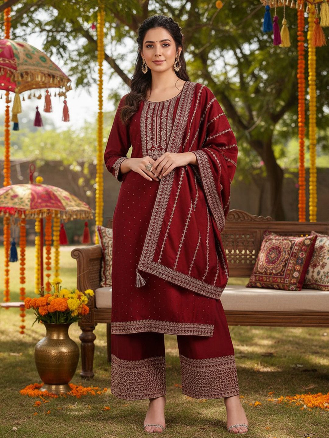 Dhiyona KL Ethnic Motifs Embroidered Round Neck Zari Straight Kurta With Palazzo & Dupatta