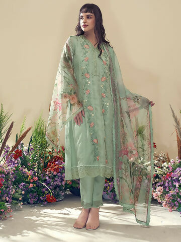 Women's Sea Green Embroidered Straight Kurta Trousers With Dupatta Set