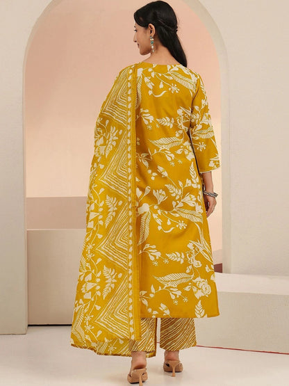 Mustard Floral Printed Cotton Blend Straight Suit Set