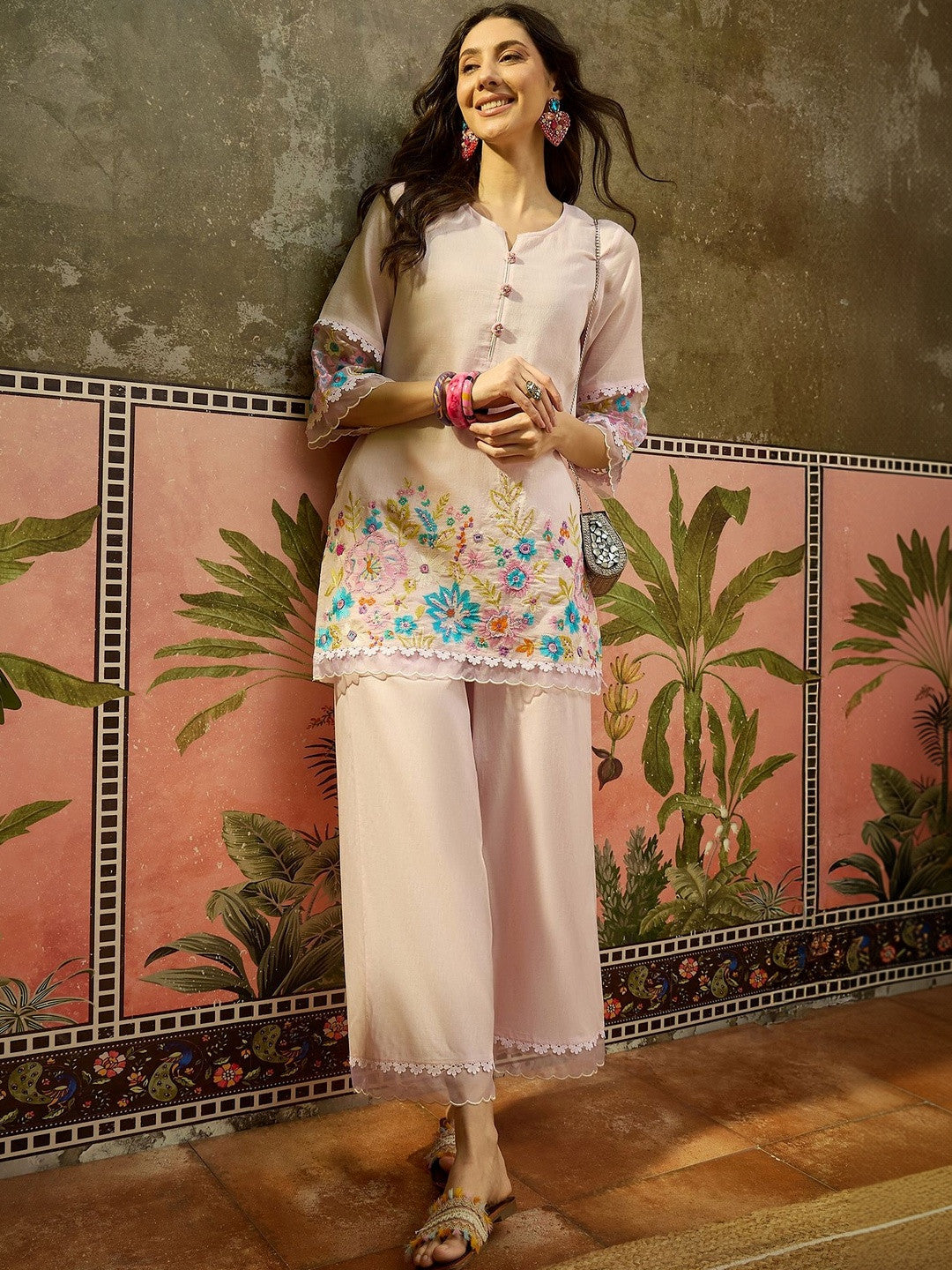 Embroidered Pure Cotton Round Neck Kurti & Trousers