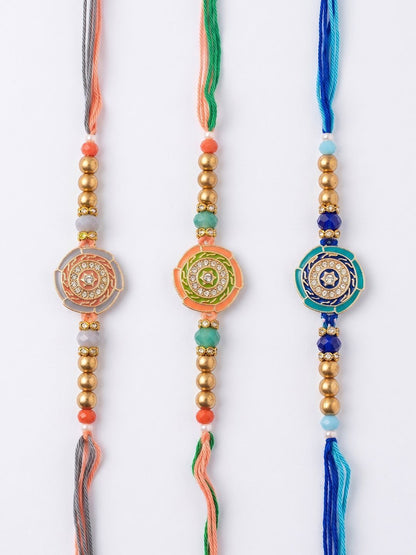Dhiyona Set Of 3 Floral Design Multicolor Artificial Beads Thread Rakhi With Roli Chawal