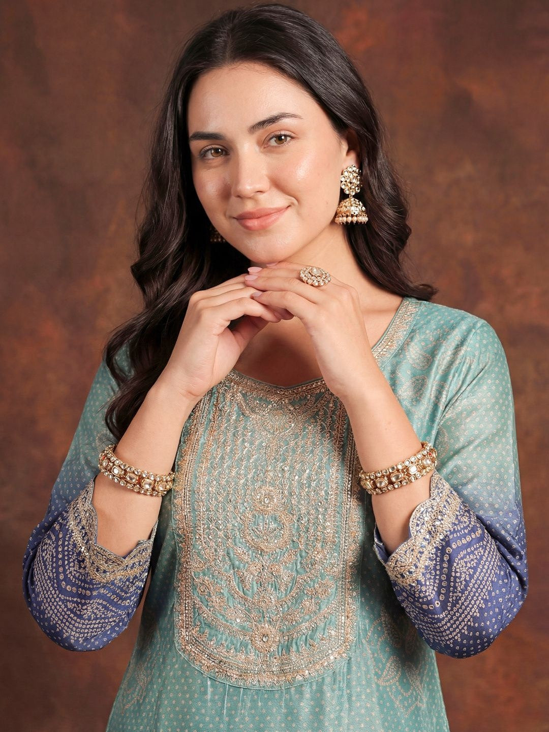 Women Bandhani Printed Regular Sequinned Kurta with Trousers & With Dupatta