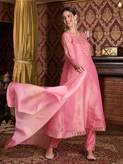 Dhiyona CH Women Floral Thread Embroidered Sequinned Kurta with Trousers & Dupatta