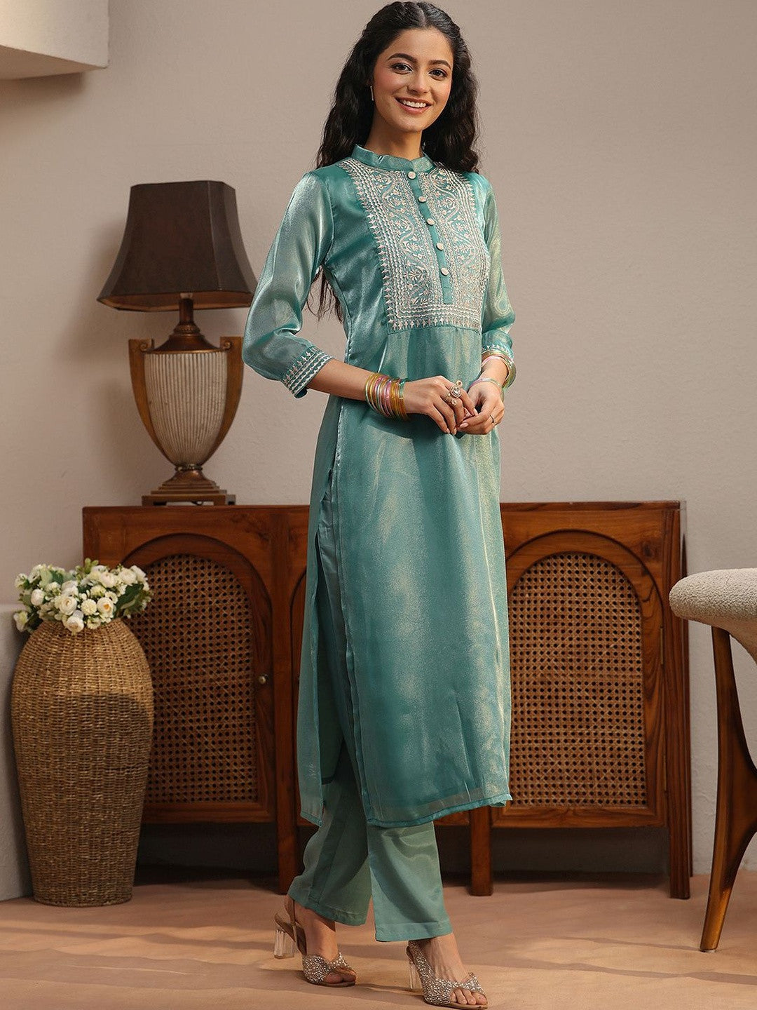Libas Blue Yoke Design Tissue Straight Suit Set