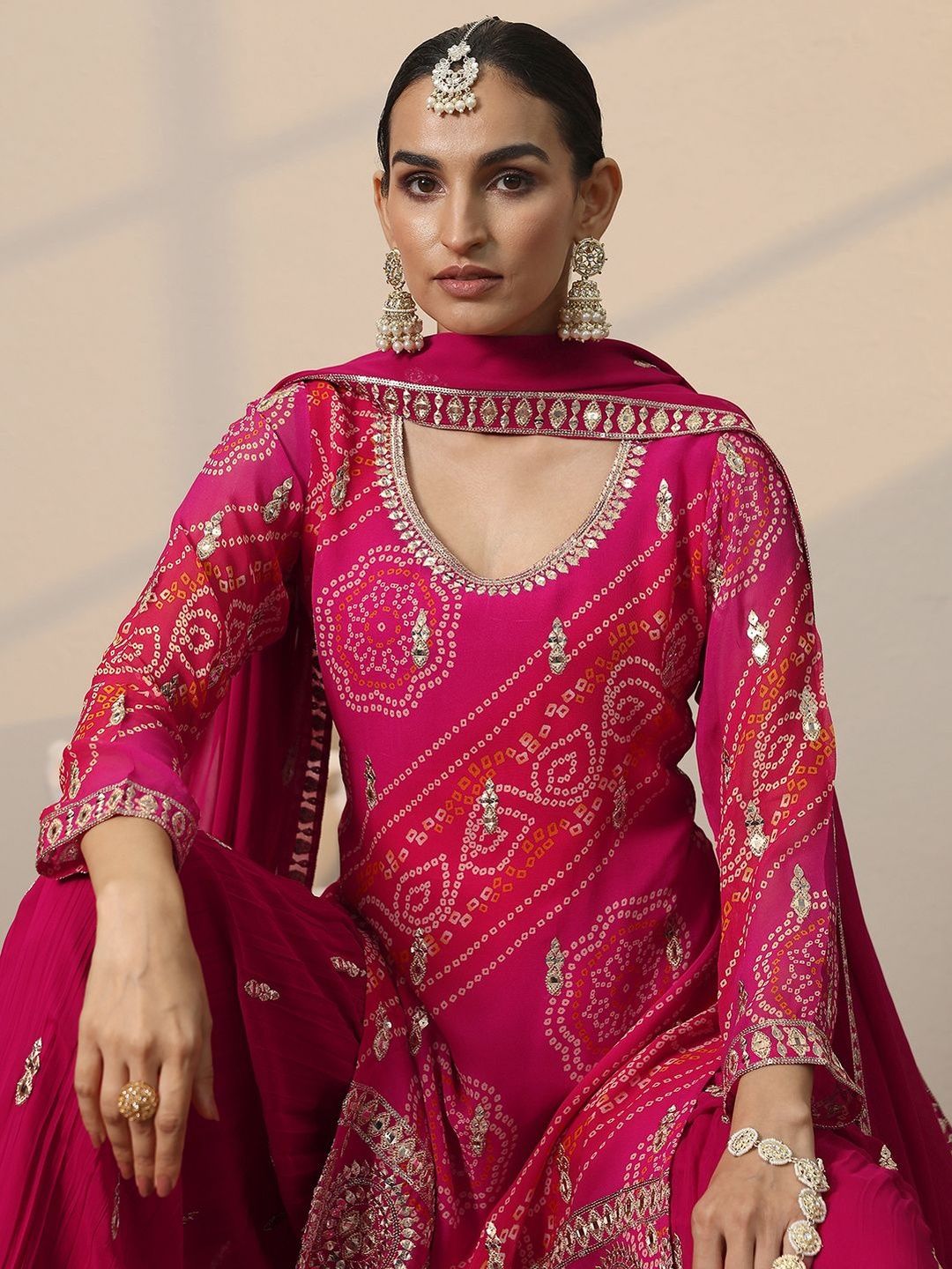 Dhiyona LL Women Ethnic Motifs Printed Regular Mirror Work Kurta with Sharara & Dupatta