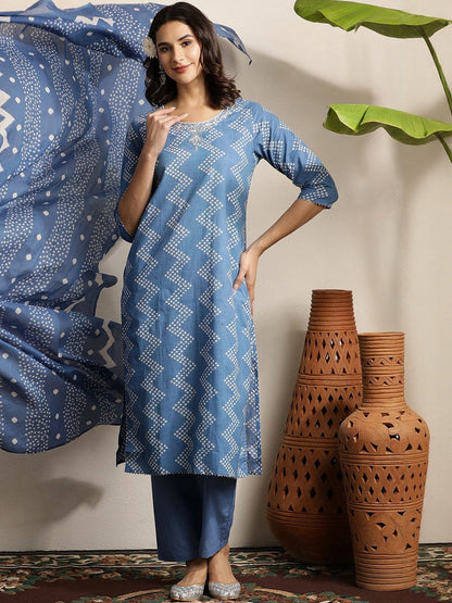 Bandhani Printed Beads And Stones Pure Cotton Kurta With Trousers & Dupatta
