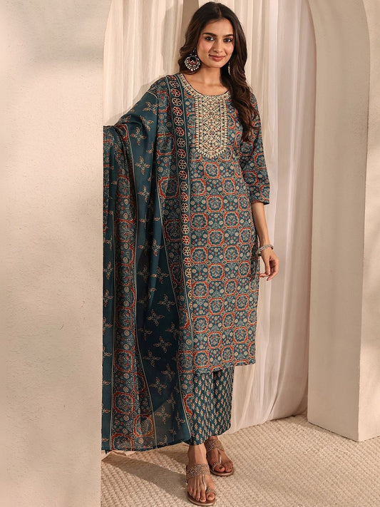 Libas Teal Ajrak Printed Straight Suit Set with Dupatta