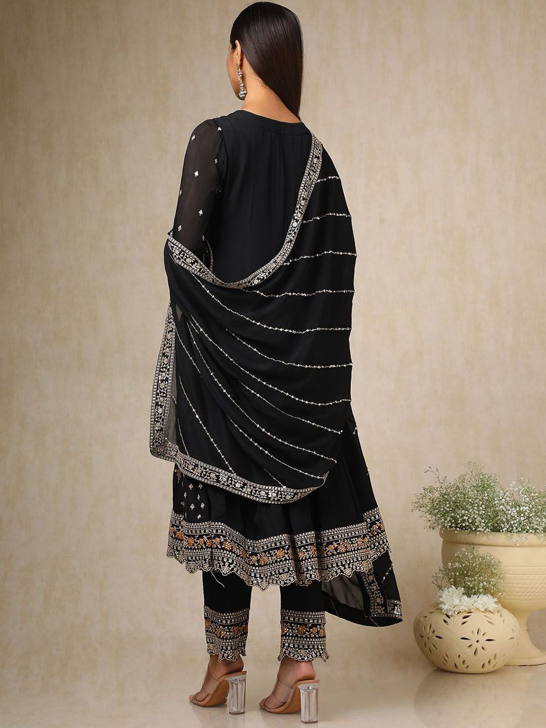 Dhiyona SO Women's Women Ethnic Motifs Embroidered Angrakha Sequinned Kurta with Trousers & With Dupatta